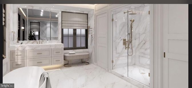 Bathroom, Dual Sink Vanities, Free Standing Baths, Glass Shower, Interior, Marble, Marble Walls, Recessed Lighting