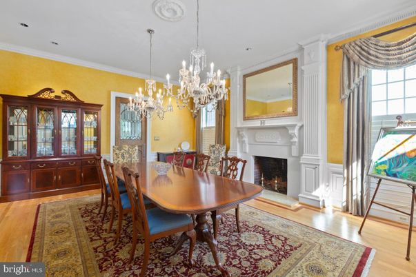 Chandelier, Dining room, Fireplace, Interior, Recessed Lighting, Wood Texture Flooring
