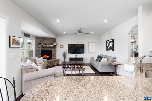 Fireplace, Interior, Living room, Recessed Lighting, Stone Walls
