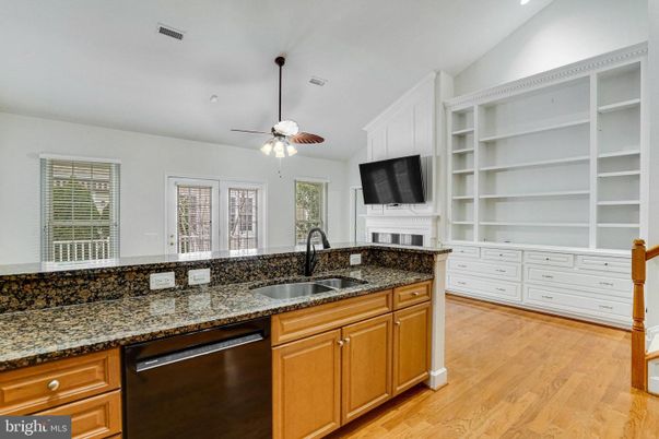 Fireplace, Interior, Kitchen, Recessed Lighting, Wood Texture Flooring