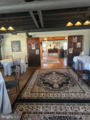 Dining room, Interior, Pendant Lights, Wooden Beams, Wood Texture Flooring