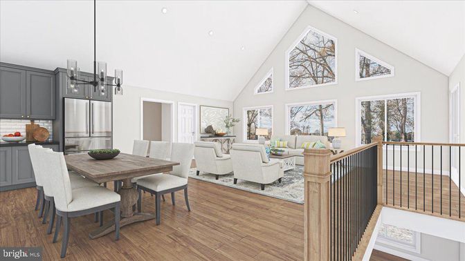 Dining room, Interior, Kitchen, Living room, Pendant Lights, Recessed Lighting, Stainless Steel Appliances, Wood Texture Flooring