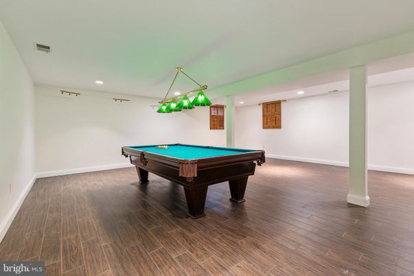 Billiard Table, Game Room, Interior, Pendant Lights, Recessed Lighting, Wood Texture Flooring