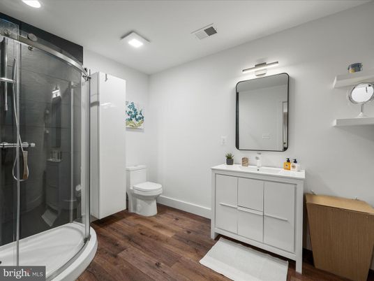 Bathroom, Glass Shower, Interior, Recessed Lighting, Wood Texture Flooring