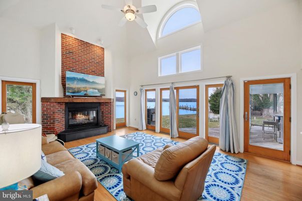 Fireplace, Interior, Living room, Stone Walls, Water, Wood Texture Flooring