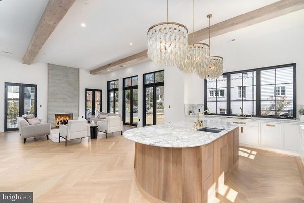 Chandelier, Fireplace, Interior, Kitchen, Living room, Recessed Lighting, Stone Walls, Wooden Beams, Wood Texture Flooring