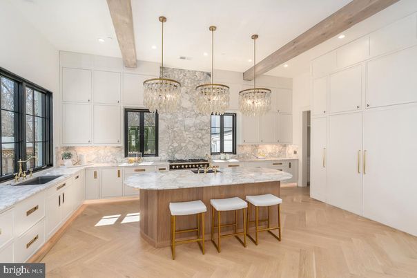 Chandelier, Interior, Kitchen, Pendant Lights, Recessed Lighting, Stainless Steel Appliances, Wooden Beams, Wood Texture Flooring