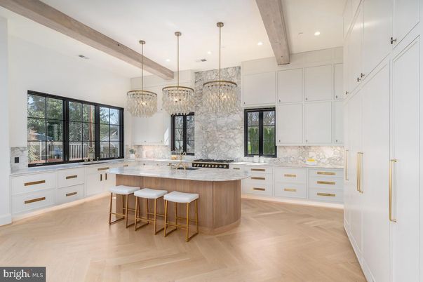 Chandelier, Interior, Kitchen, Pendant Lights, Recessed Lighting, Stainless Steel Appliances, Wooden Beams, Wood Texture Flooring