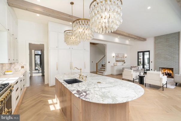 Chandelier, Fireplace, Interior, Kitchen, Living room, Pendant Lights, Recessed Lighting, Stone Walls, Wooden Beams, Wood Texture Flooring