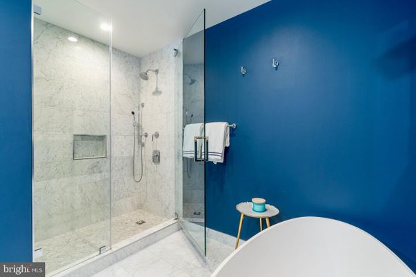 Bathroom, Free Standing Baths, Glass Shower, Interior, Marble, Marble Walls, Recessed Lighting