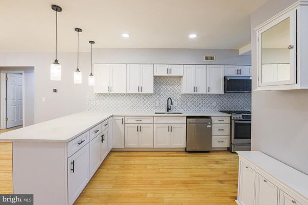 Interior, Kitchen, Pendant Lights, Recessed Lighting, Stainless Steel Appliances, Wood Texture Flooring