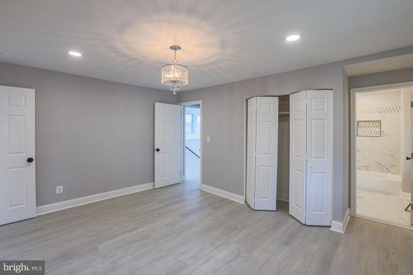 Bathroom, Chandelier, Empty room, Interior, Recessed Lighting, Wood Texture Flooring