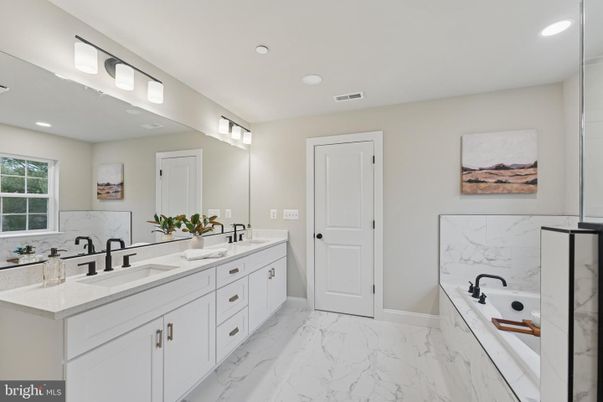 Bathroom, Dual Sink Vanities, Interior, Marble, Recessed Lighting