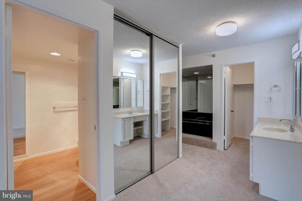 Bathroom, Dual Sink Vanities, Interior, Recessed Lighting, Walk-in Closets, Wood Texture Flooring