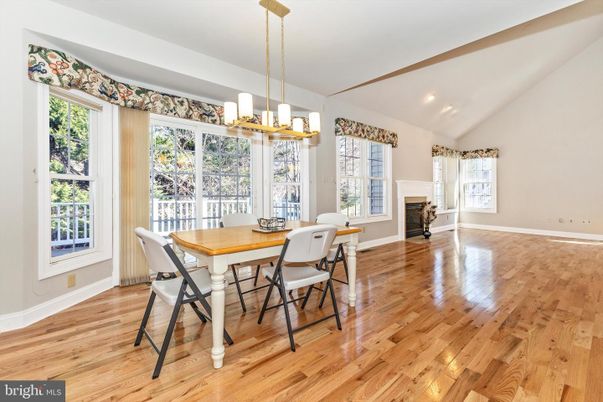 Dining room, Fireplace, Interior, Pendant Lights, Recessed Lighting, Wood Texture Flooring