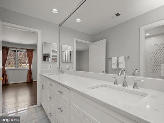 Bathroom, Dual Sink Vanities, Interior, Recessed Lighting, Wood Texture Flooring