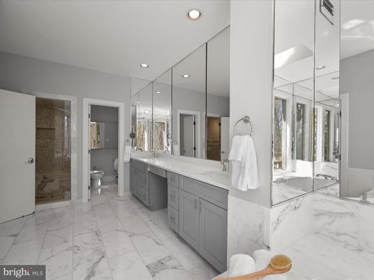 Bathroom, Dual Sink Vanities, Glass Shower, Interior, Marble, Recessed Lighting