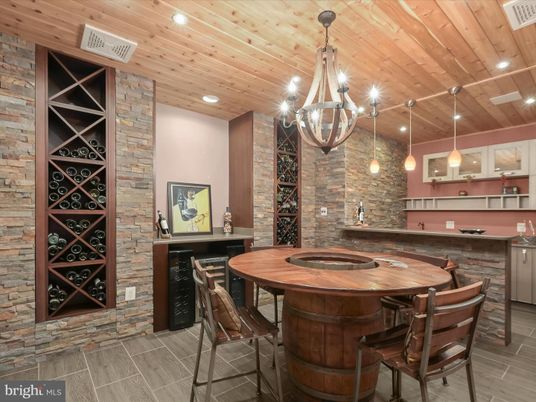Interior, Pendant Lights, Recessed Lighting, Stone Walls, Wine Storage, Wooden Ceilings, Wood Texture Flooring