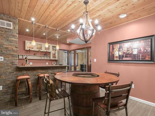 Chandelier, Dining room, Interior, Kitchen, Pendant Lights, Recessed Lighting, Stone Walls, Wooden Ceilings, Wood Texture Flooring