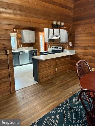 Interior, Kitchen, Stainless Steel Appliances, Wood Texture Flooring, Wooden Walls