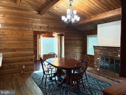 Chandelier, Dining room, Fireplace, Interior, Wooden Beams, Wooden Ceilings, Wood Texture Flooring, Wooden Walls