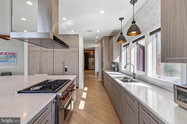 Interior, Kitchen, Pendant Lights, Recessed Lighting, Stainless Steel Appliances, Wood Texture Flooring