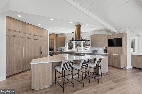 Interior, Kitchen, Recessed Lighting, Stainless Steel Appliances, Stone Walls, Wood Texture Flooring