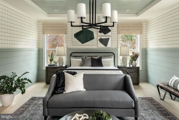 Bedroom, Chandelier, Interior, Recessed Lighting, Wood Texture Flooring