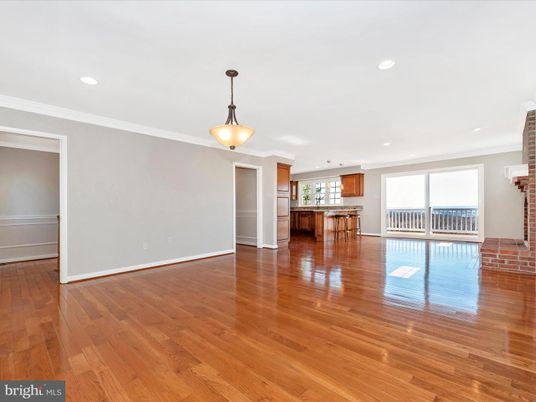 Empty room, Interior, Kitchen, Pendant Lights, Recessed Lighting, Wood Texture Flooring