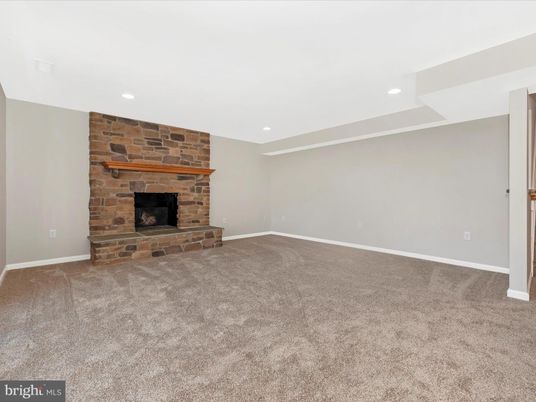 Empty room, Fireplace, Interior, Recessed Lighting, Stone Walls