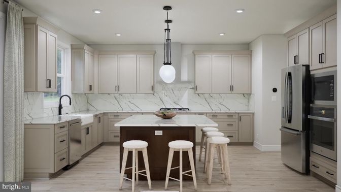 Interior, Kitchen, Marble Walls, Pendant Lights, Recessed Lighting, Stainless Steel Appliances, Wood Texture Flooring