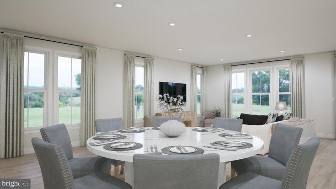Dining room, Interior, Living room, Recessed Lighting, Wood Texture Flooring