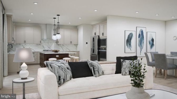 Dining room, Interior, Kitchen, Living room, Marble Walls, Pendant Lights, Recessed Lighting, Stainless Steel Appliances, Wood Texture Flooring