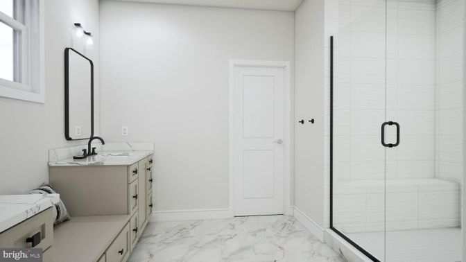 Bathroom, Dual Sink Vanities, Glass Shower, Interior, Marble