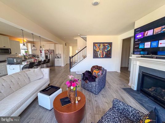 Fireplace, Interior, Kitchen, Living room, Pendant Lights, Recessed Lighting, Wood Texture Flooring