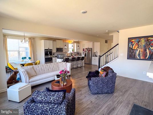 Dining room, Interior, Kitchen, Living room, Pendant Lights, Recessed Lighting, Stainless Steel Appliances, Wood Texture Flooring