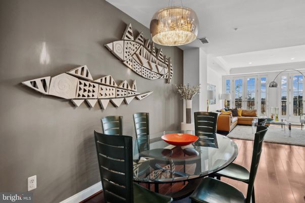 Dining room, Interior, Living room, Pendant Lights, Recessed Lighting, Wood Texture Flooring