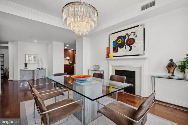 Chandelier, Dining room, Fireplace, Interior, Recessed Lighting, Wood Texture Flooring