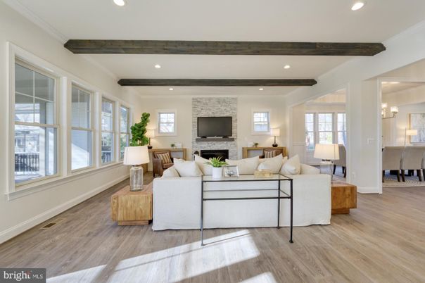 Fireplace, Interior, Living room, Recessed Lighting, Stone Walls, Wooden Beams, Wood Texture Flooring