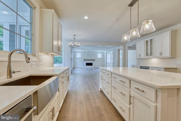 Chandelier, Interior, Kitchen, Pendant Lights, Recessed Lighting, Stainless Steel Appliances, Wood Texture Flooring