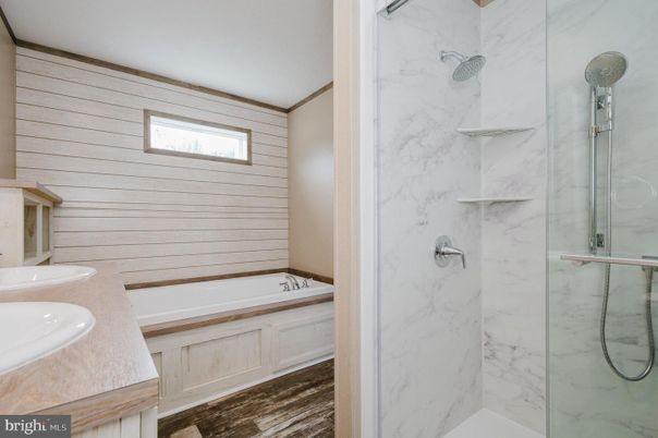 Bathroom, Dual Sink Vanities, Glass Shower, Interior, Marble Walls