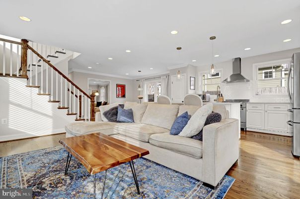 Dining room, Interior, Kitchen, Living room, Pendant Lights, Recessed Lighting, Stainless Steel Appliances, Wood Texture Flooring