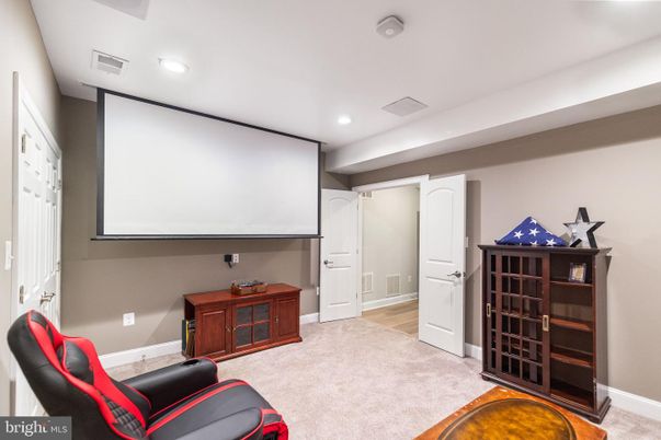 Interior, Projection Screen, Recessed Lighting, Theatre Room, Wood Texture Flooring