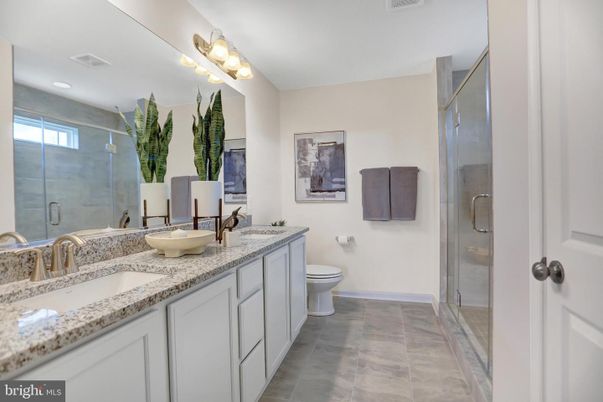 Bathroom, Dual Sink Vanities, Glass Shower, Interior, Recessed Lighting