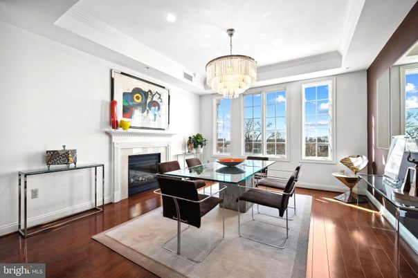 Chandelier, Dining room, Fireplace, Interior, Recessed Lighting, Wood Texture Flooring
