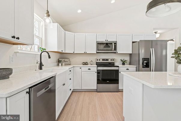 Interior, Kitchen, Pendant Lights, Recessed Lighting, Stainless Steel Appliances, Wood Texture Flooring