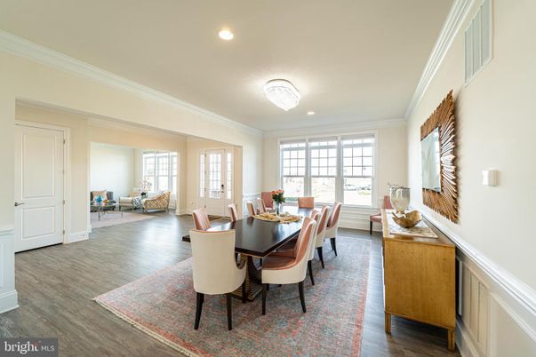 Dining room, Interior, Living room, Recessed Lighting, Wood Texture Flooring
