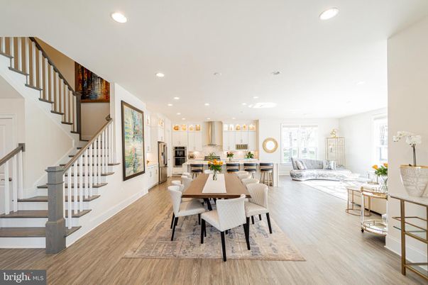 Dining room, Interior, Kitchen, Living room, Recessed Lighting, Stainless Steel Appliances, Wood Texture Flooring