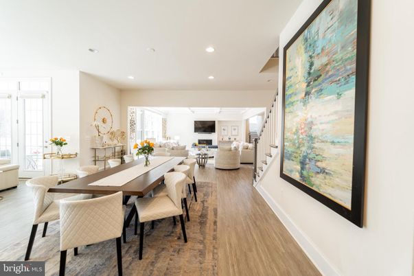 Dining room, Interior, Living room, Recessed Lighting, Wood Texture Flooring