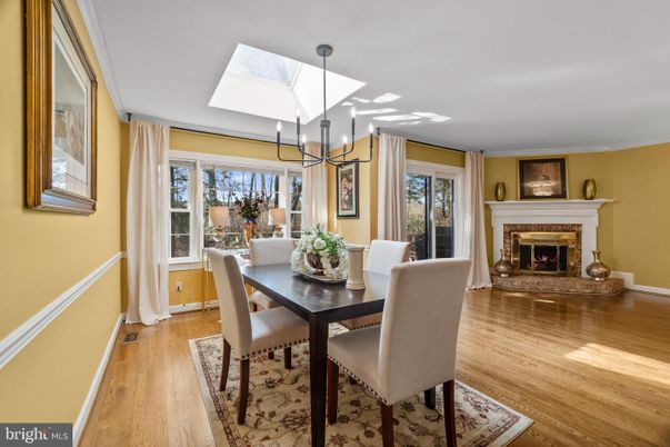 Dining room, Fireplace, Interior, Pendant Lights, Wood Texture Flooring